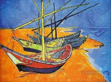 Barcos de pesca en la playa de Saintes Maries de la Mer Vincent van Gogh Pinturas al óleo